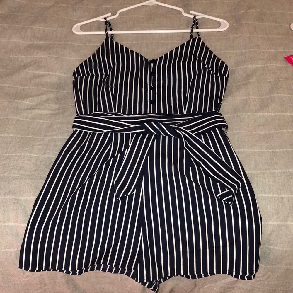 Navy blue and white striped romper